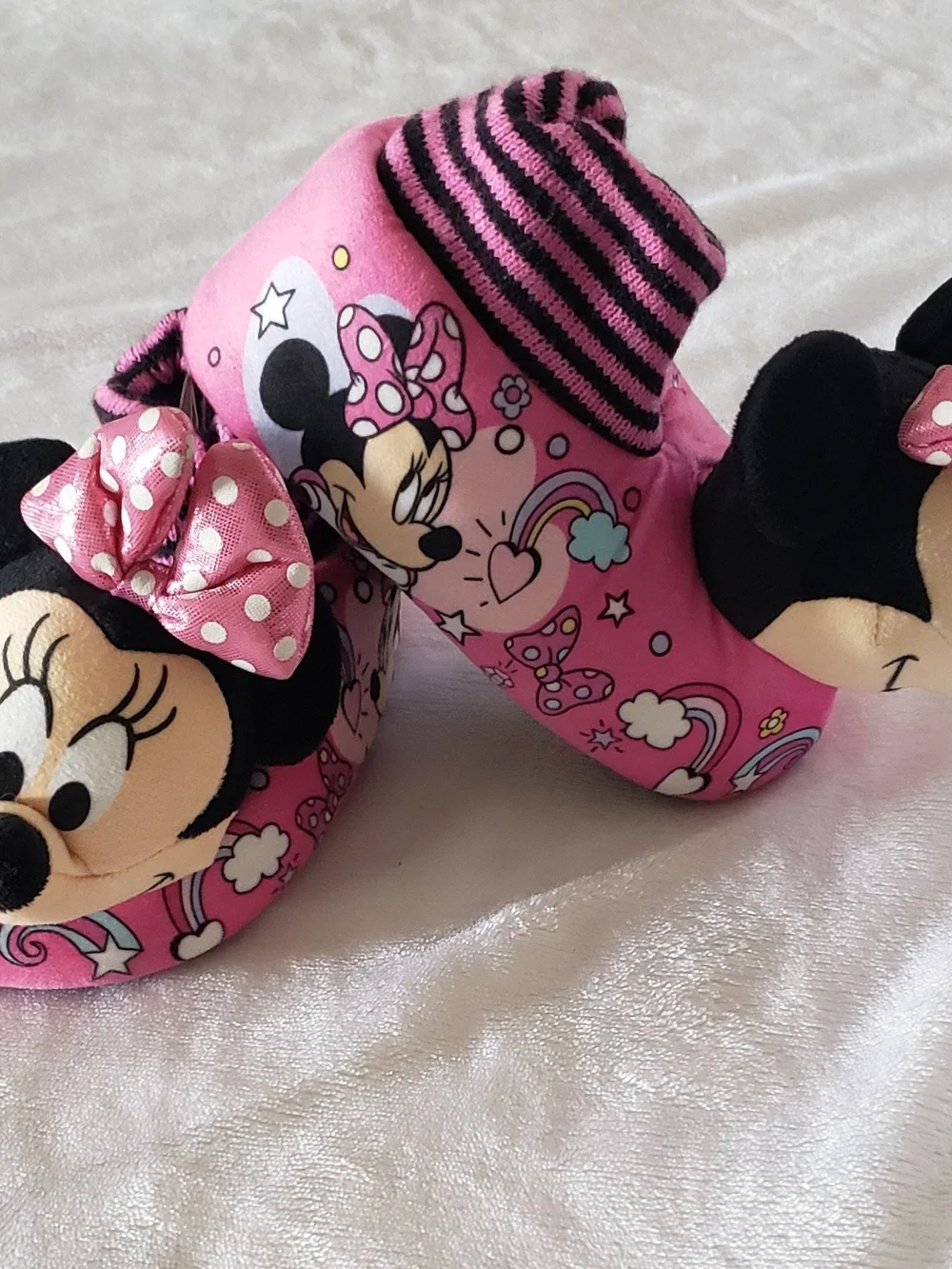 Disney Pink Minnie Mouse Plush Slip-On Slippers with Polka Dot Bows